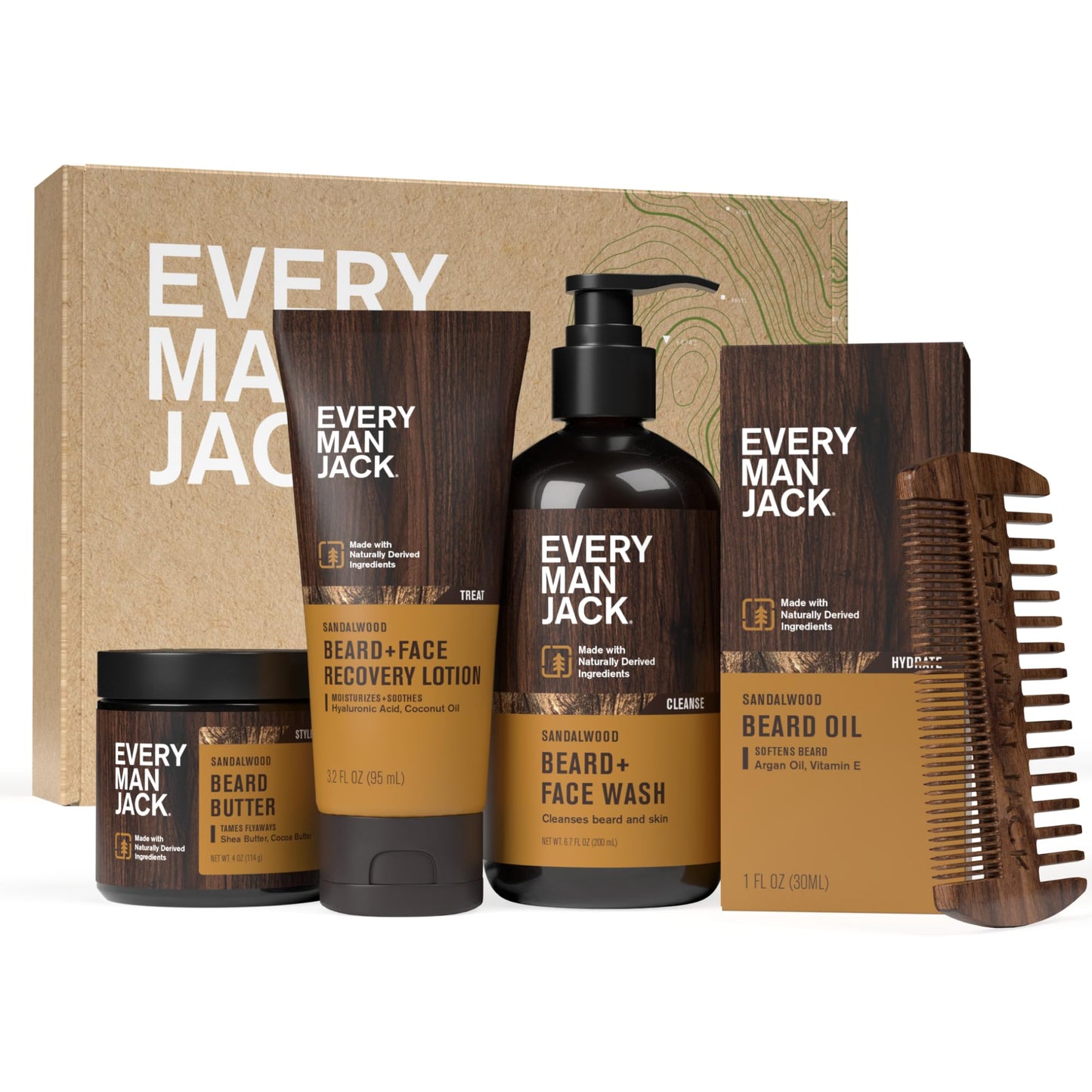 Every Man Jack Mens Sandalwood Beard Set - 5 Full-Sized Grooming Essentials For a Complete Routine - Beard + Face Wash, Beard + Face Lotion, Hydrating Beard Oil, Beard Butter, and Beard Comb
