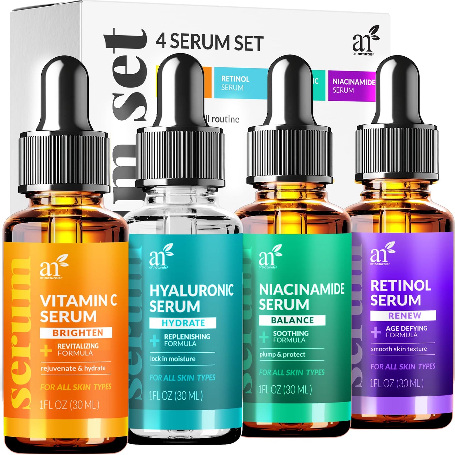 Vitamin C Serum Skin Care 4-Piece Set: Includes Retinol, Hyaluronic Acid & Niacinamide Anti-Aging, Skin Brightening, Hydrating, Wrinkle Reduction, Dark Spot Corrector 3-Month Supply ARTNATURALS
