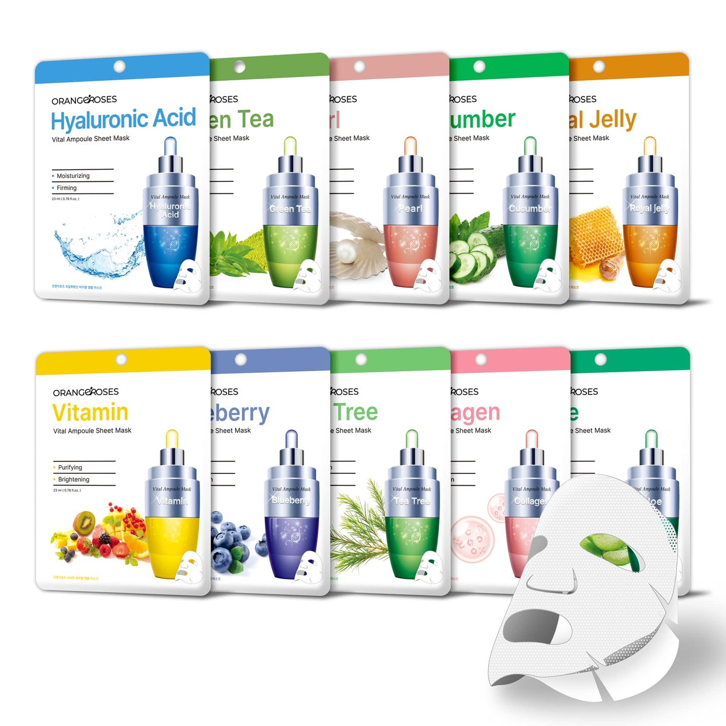 10 Pcs Combo Vital Ampoule Sheet Mask, Korean Facial Skincare Sheet | Simple & Effective Skincare Routine | Moisturization | Wrinkle Care | Brightening (10 Pcs Combo)