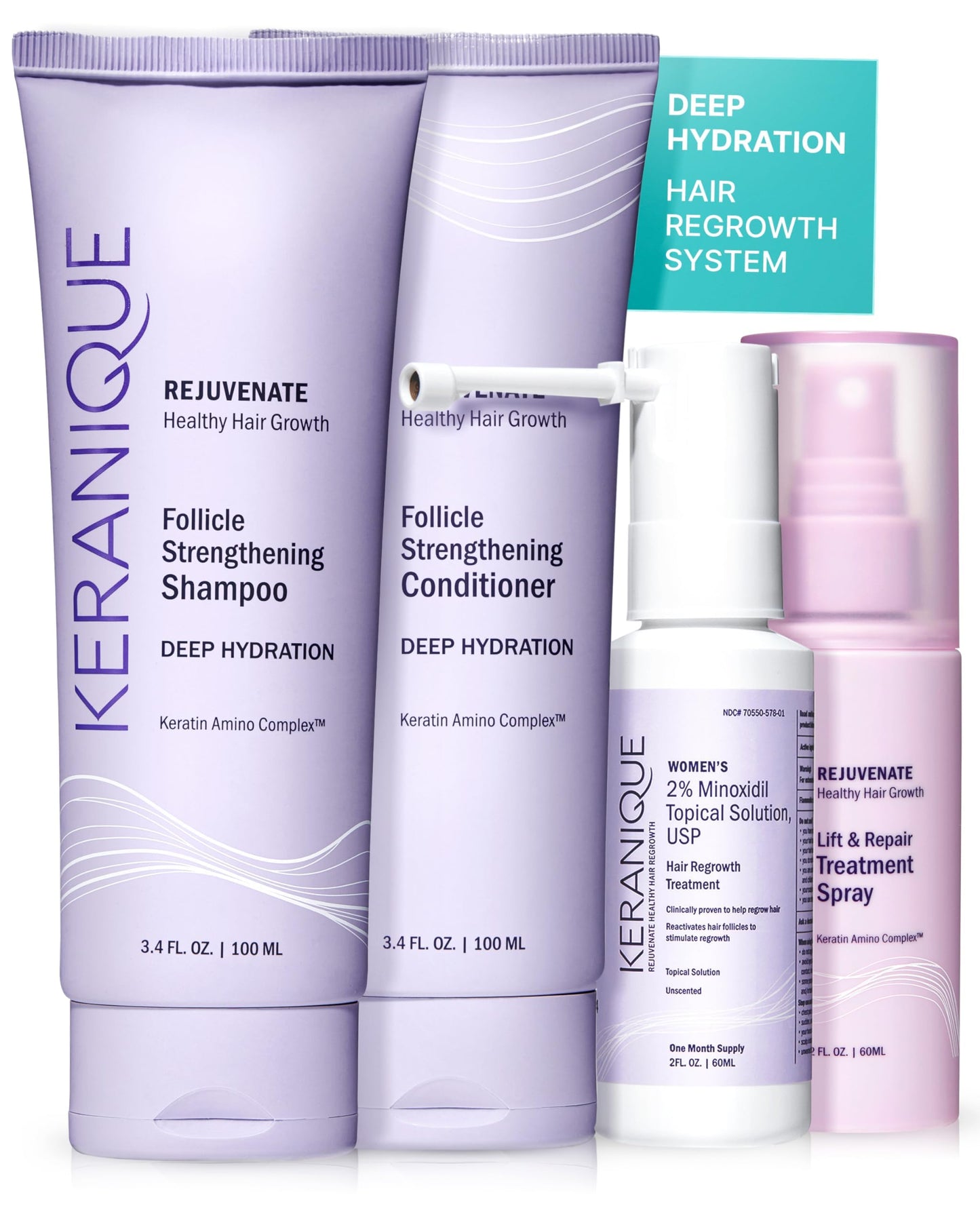Keranique Hair Growth Treatment for Women - Minoxidil Regrowth System with Hydrating Shampoo, Conditioner, Volumizing Spray, and Hair Loss Treatment