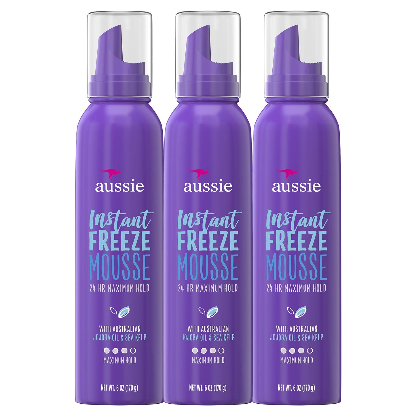 AUSSIE Mousse, with Jojoba & Sea Kelp, Instant Freeze, 24 Hour Hold, 6 fl oz, Triple Pack