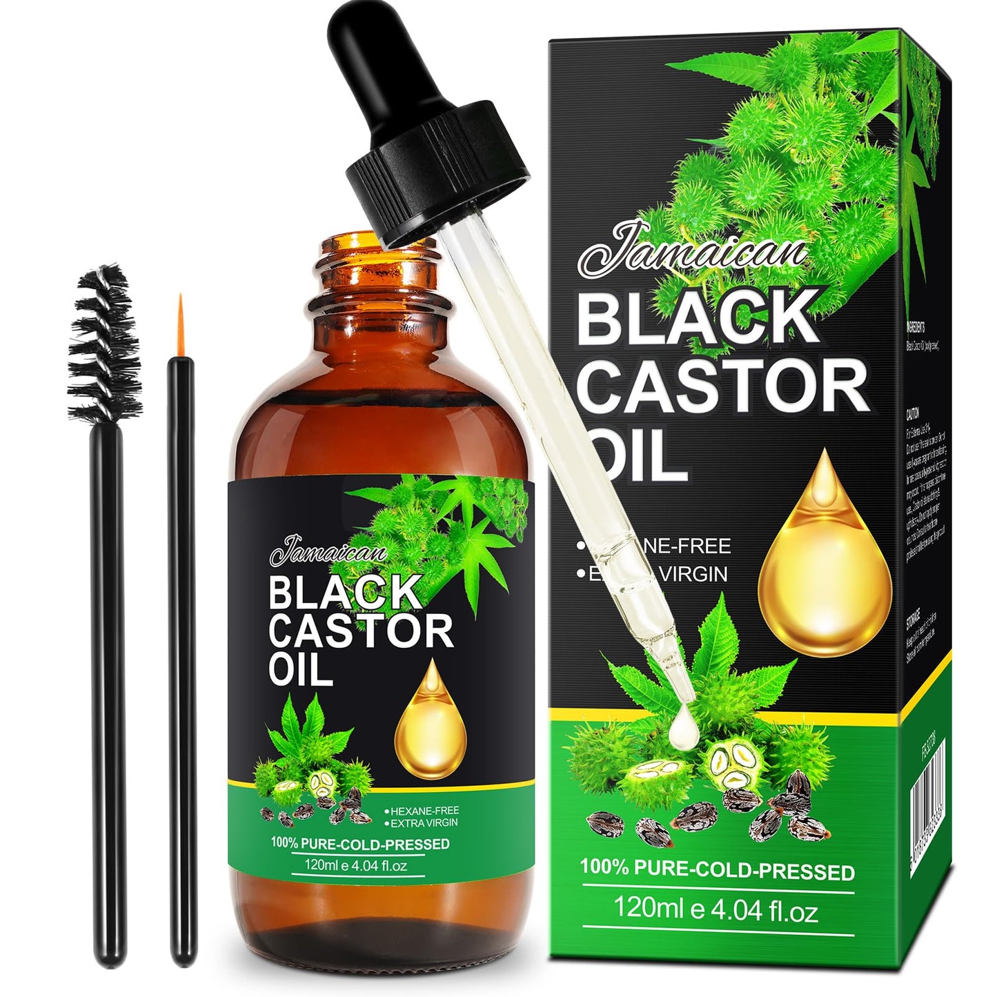 Jamaican Black Castor Oil 4Fl Oz, Organic Cold Pressed Unrefined Castor Oils for Hair Growth & Skin Care, Nourish Eyelashes and Eyebrows - Glass Bottle