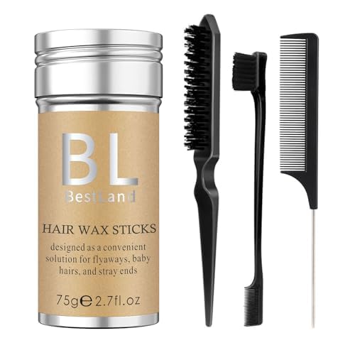 4Pcs Hair Wax Stick & Slick Back Styling Set Instant Flyaway Tamer, Strong Hold Hair Wax for Wigs & Edges, Edge Brush, Teasing Brush & Rat Tail Comb for Women, Girls & Kids (Black)