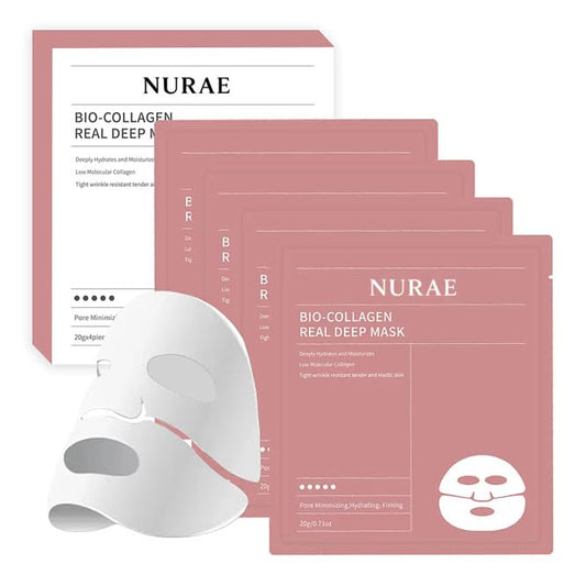 NURAE Bio Collagen Face Mask Korean 5D Wrapping Sheet Mask | Firming, Hydrating, Anti-Wrinkle Skincare with Marine Collagen, Hyaluronic Acid & Amino Acids 4 Pack
