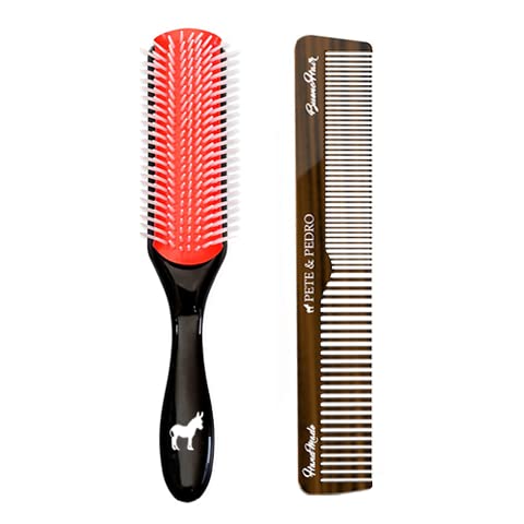 Pete & Pedro Premium Cushion Men's Styling Hairbrush & Classic Comb Set | 9-Row 8” Brush & 7” Retro Hair Comb | Great for Detangling Curly, Straight, Thin & Thick Hair Styles | As Seen On Shark Tank