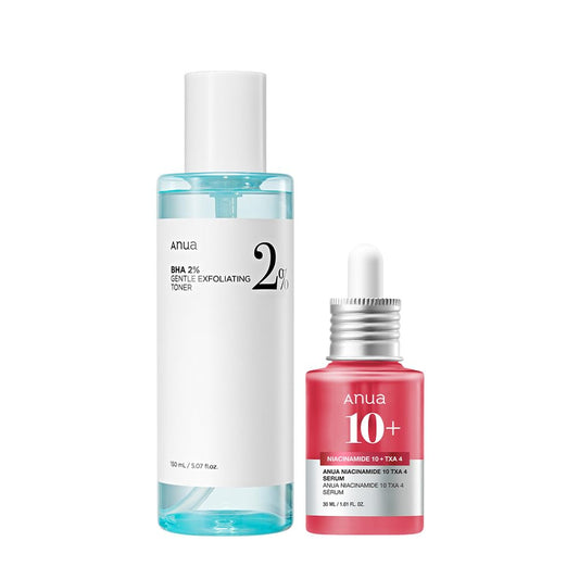 ANUA 2% BHA + 10% Niacinamide Skin Booster Duo - 10% Niacinamide + 4% Tranexamic Acid Serum for Dull Skin, Gentle Exfoliating Toner, Salicylic Acid, for pore Control, Korean Skincare set