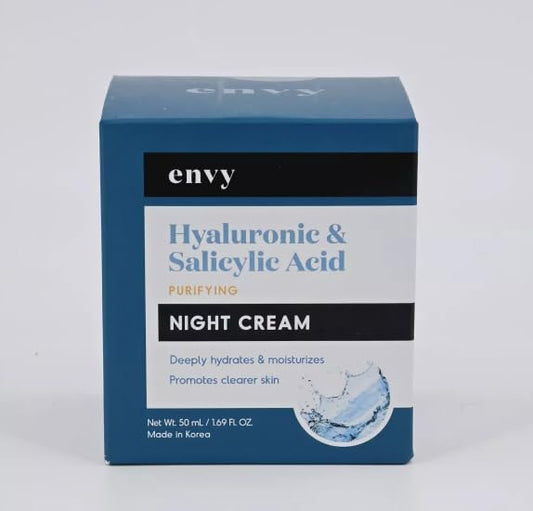 Envy Hyaluronic & Salicylic Acid, Purifying Night Cream - Deeply Hydrates & Moisturizes - Promotes Clearer Skin - Cruelty Free Korean Skin Care For All Skin Types - 1.69 Fl. oz