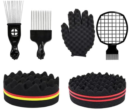 Hair Sponge Set,Afro Brush, Magic Curl Glove, Metal Pick Comb, and Twist Comb for Hairstyling (Black-6Pcs)