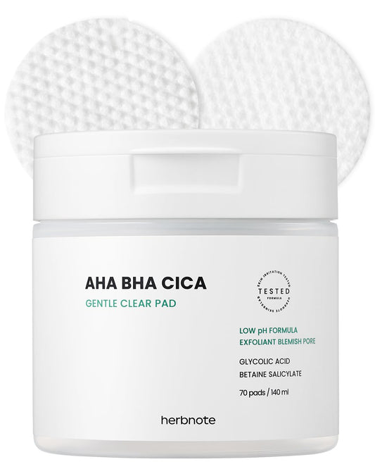 AHA BHA Cica Gentle Clear Pad - Facial Exfoliating Pad for Dead Skin Cell Care, pH Balancing & Sebum Control, Tighten Large Pores, Calm Sensitive Skin, & Moisturize Dry, Flaky Skin, 70 Sheets