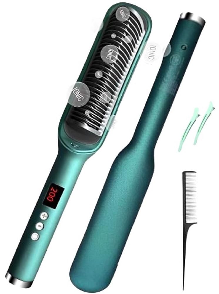 Hair Straightener Brush for Frizzy Hair Titanium Ionic Comb with 17 Temp Settings, LED Display & Dual Voltage Anti-Frizz, Fast Heating, Salon-Quality Styling Tool for Women - Green/Mint