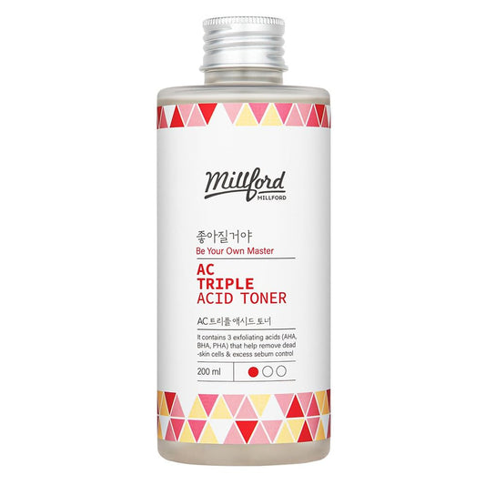 Millford AC Triple Acid Toner 6.76 oz/200 ml AHA/BHA/PHA Exfoliating & Hydrating Facial Toner with Salicylic Acid & Glycolic Acid for Oily Skin, Pore Cleaning, Acne & Sebum Control, Korean Skincare