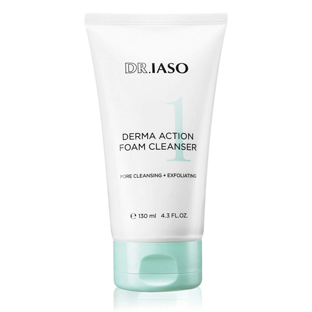 IASO Dr DERMA ACTION FOAM CLEANSER | Clear Cleansing Foam, Time-Saving Two-In-One Formula Cleanser, Whipped Foam and Protein-Digesting Enzyme Powder, Korean Skin Care, 4.3 oz