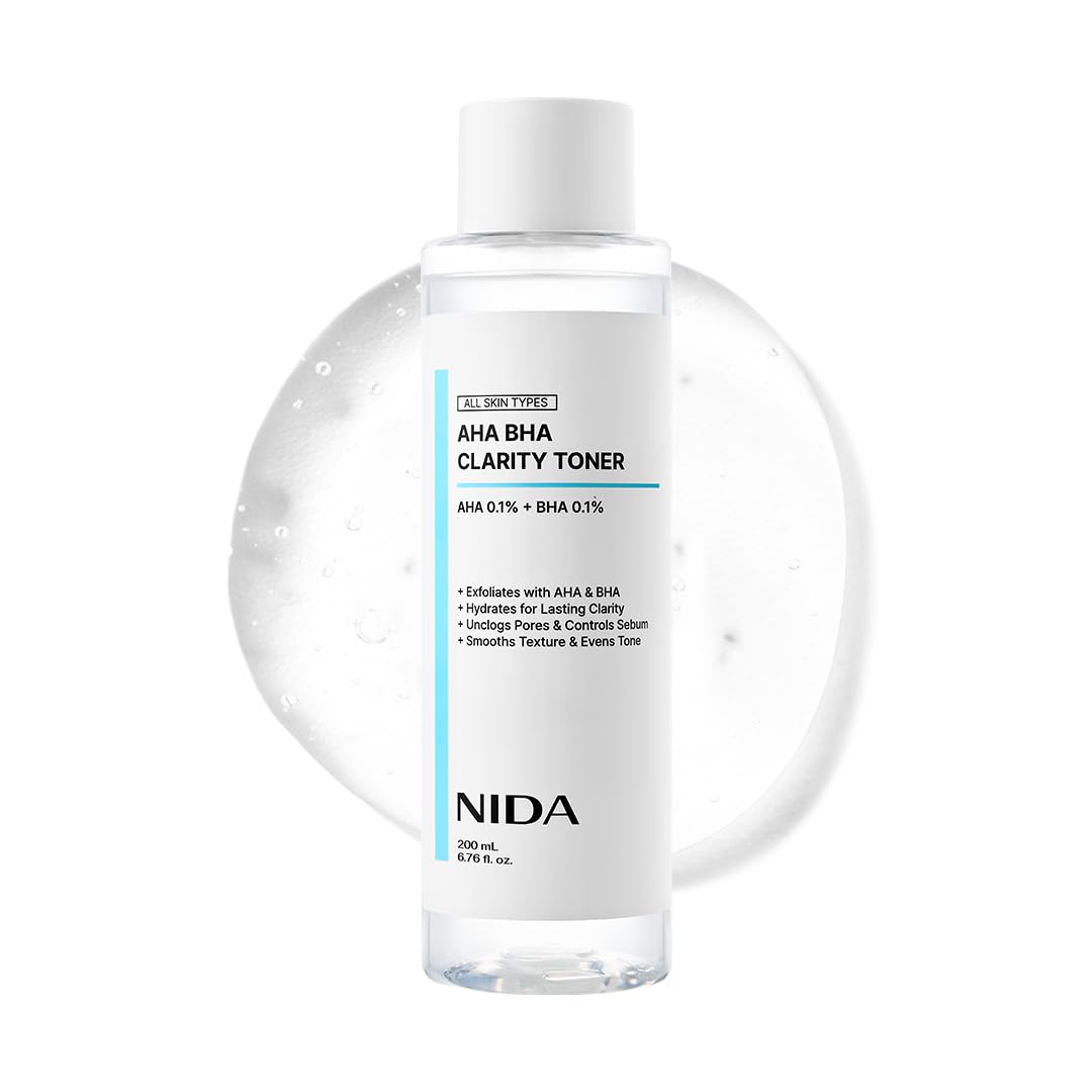 NIDA AHA BHA Clarity Toner | AHA 0,1%, BHA 0.1%, Niacinamide,Centella Asiatica | Exfoliate, Hydrate, Pore Control, Evens Tone | 6.76 fl. oz., 200ml