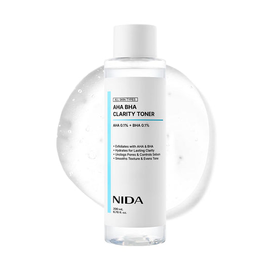 NIDA AHA BHA Clarity Toner | AHA 0,1%, BHA 0.1%, Niacinamide,Centella Asiatica | Exfoliate, Hydrate, Pore Control, Evens Tone | 6.76 fl. oz., 200ml