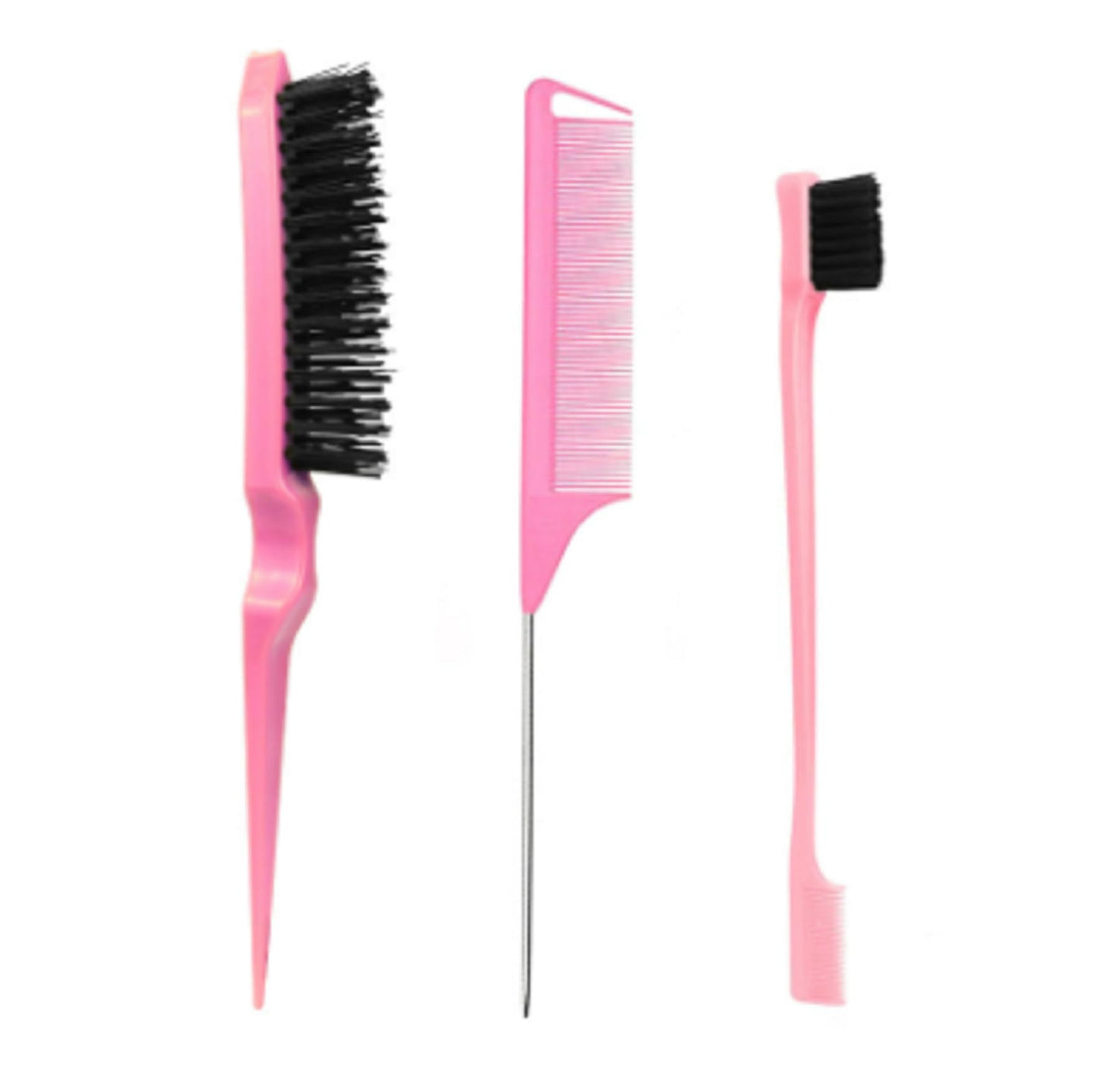 Pink Hair Brush Set - 3 Pcs, Slick Back, Rat Tail, Teasing Comb for Kids and Baby Hair Smoothing