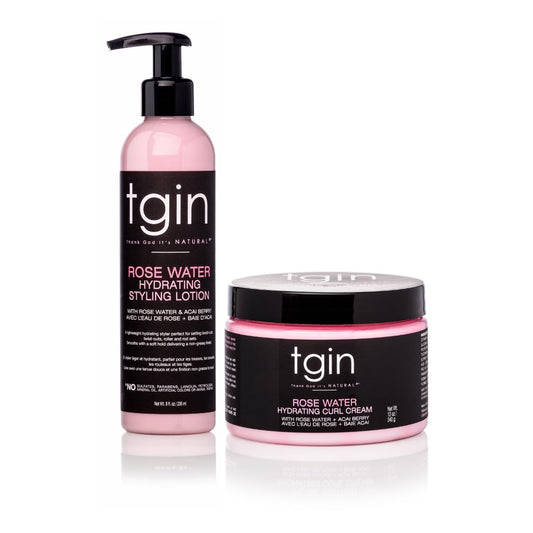 tgin Rose Water Hydrating Curl Cream 12 oz & tgin Rose Water Hydrating Styling Lotion 8 oz, for Curly, Coily and Wavy Hair, (Set)