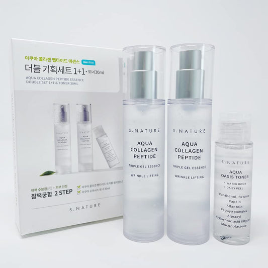 Aqua Collagen Peptide Triple Gel Essence Serum 50ml+50ml, S Nature Aqua Oasis Toner 30ml Korean Skin Care Set (Pack of 3) Essence 50ml 1+1, Toner 30ml