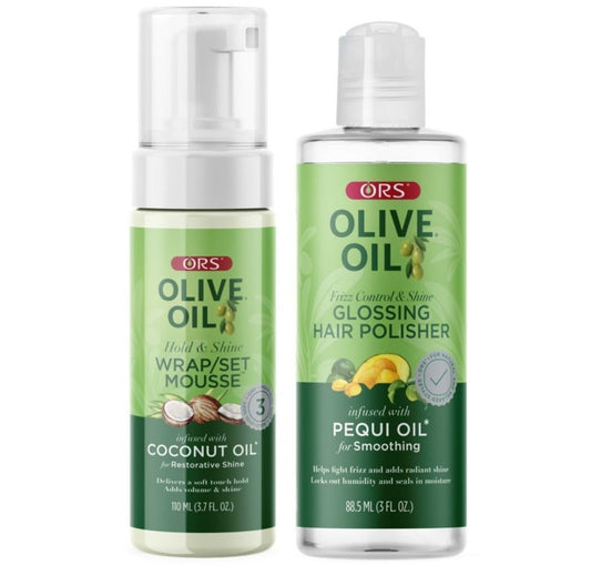 ORS Olive Oil Glossing Hair Polisher Frizz Control & Wrap Set Mousse Restorative Shine 2 Piece Set