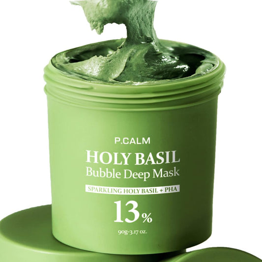 P.CALM Holy Basil Bubble Deep Mask Holy Basil & Carbonated Water for Cleansing Pores & Blackheads, Korean Clay to Bubble Wash-Off Pack (90g / 3.17 oz)