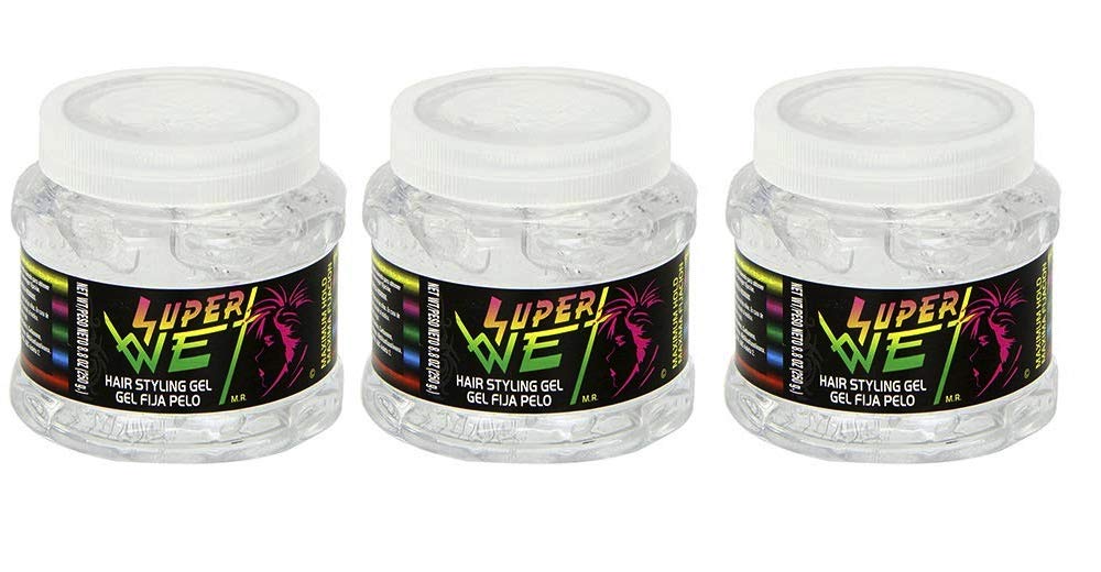 Super Wet Clear Hair Styling Gel. Professional Styling. Maximum Hold. No Residue and Alcohol Free. 8.8 oz / 250 g. Pack of 3