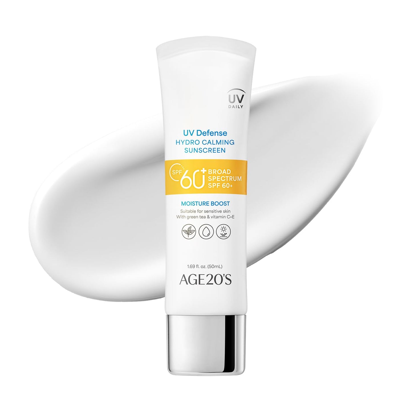 AGE20'S UV Defense Hydro Calming Sunscreen SPF 60+ | Korean Sunscreen | Moisturizing Creamy Formula, No White Cast, Lightweight Finish | Green Tea + Aloe Vera | DERMAtest Excellent | 1.69 fl.oz*1
