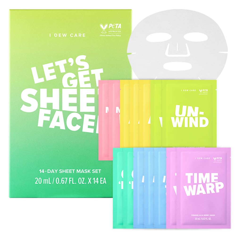 I DEW CARE Glass Skin Facial Sheet Mask Variety Pack - Let's Get Sheet Faced | For Perfect Care Routine, 2 Week Intense Korean Face Masks Skincare Set, Makeover with Collagen, Hydrating, 14 Count