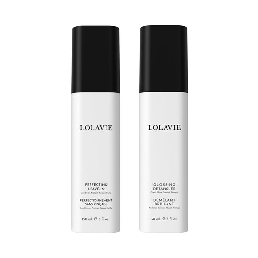 LolaVie Jen's Glossy Perfection Set - Includes Glossing Detangler (5 oz) & Perfecting Leave-In Conditioner (5 oz) - 450-Degree Heat Protectant - Vegan, Cruelty Free, Color Safe - All Hair Types