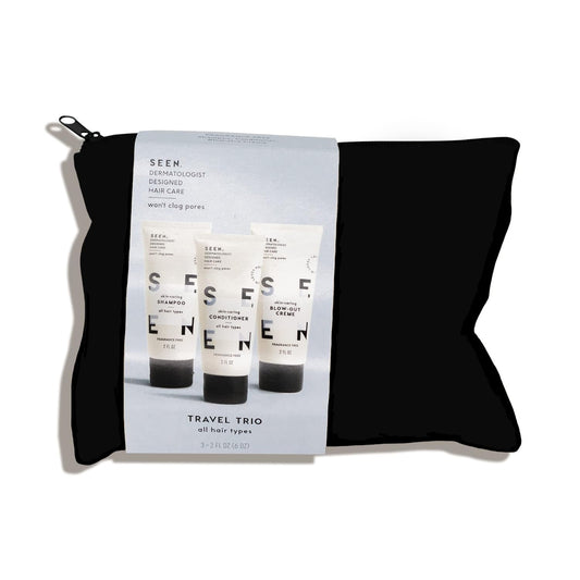 SEEN Travel Trio, Fragrance Free - Non-Comedogenic & Sulfate-Free Blow-Out Hair Cream, Shampoo & Conditioner Set- Reduces Frizz- Heat Protectant- Safe for Sensitive & Eczema Prone Skin