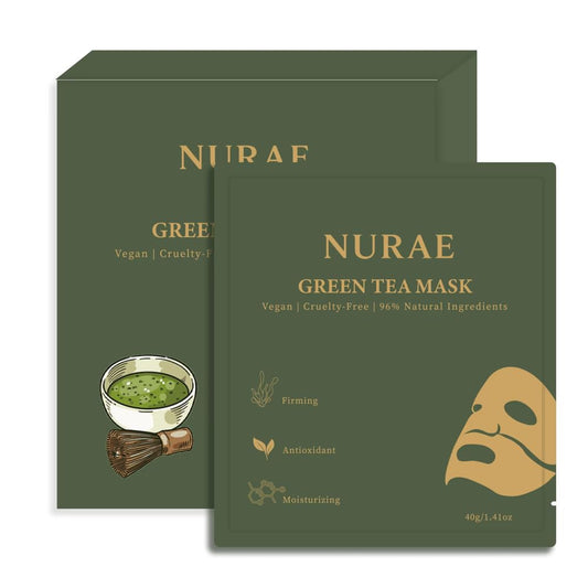 NURAE Green Tea Face Mask Sheet Korean Skincare for Hydrated, Glowing Skin Soothing, Brightening & Anti-Aging Facial Treatment 4 Pack, Natural Ingredients for All Skin Types