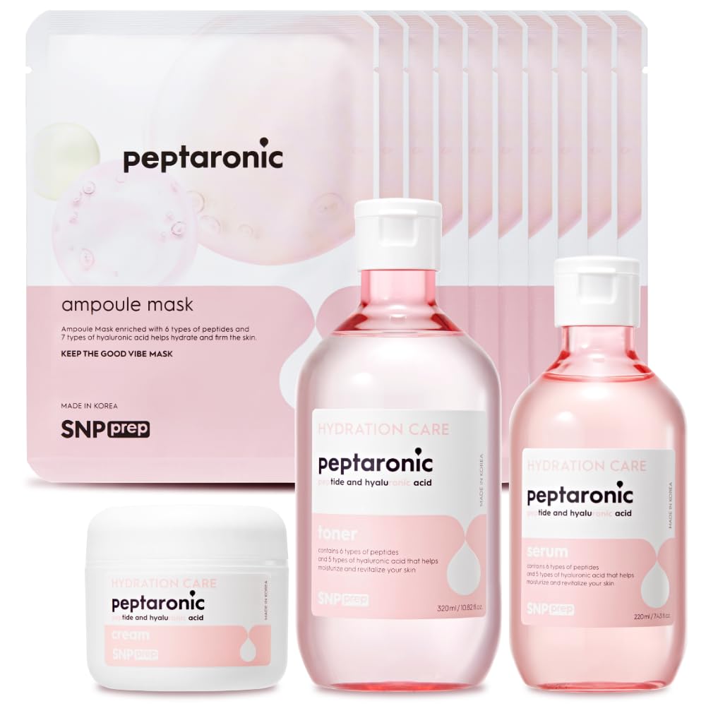 6 Peptides + 5 Hyaluronic Acid Skincare Set | 4-in-1 Kit of Toner, Serum, Cream & Sheet Masks | Moisturizing, Firming & Hydrating | Korean Skincare Set for Dry & Sensitive Skin | Peptaronic | Snp