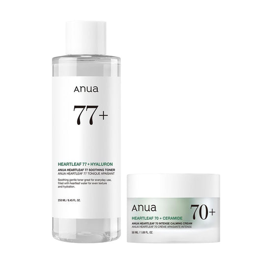 ANUA Gentle Moisture Duo: Heartleaf 77 pH 5.5 Soothing Toner & Heartleaf 70 Intense Calming Cream for skin barrier repair, hyaluronic acid, panthenol for facial moisturizer, Vegan, Korean Skincare set
