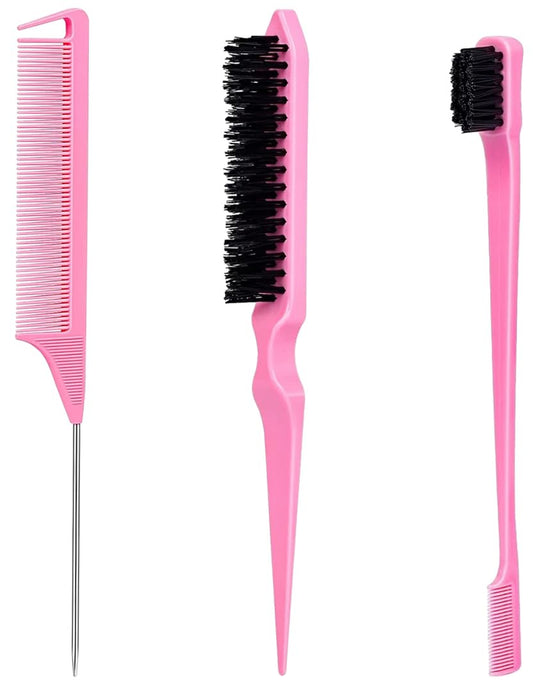 Slick Back Hair Brush, Edge Brush, Hair Accessories Comb Set 3Pcs, Rat Tail Comb for Parting Hair, Teasing Comb for Add Volume Fullness, Edge Brush for Edge Control Black Hair