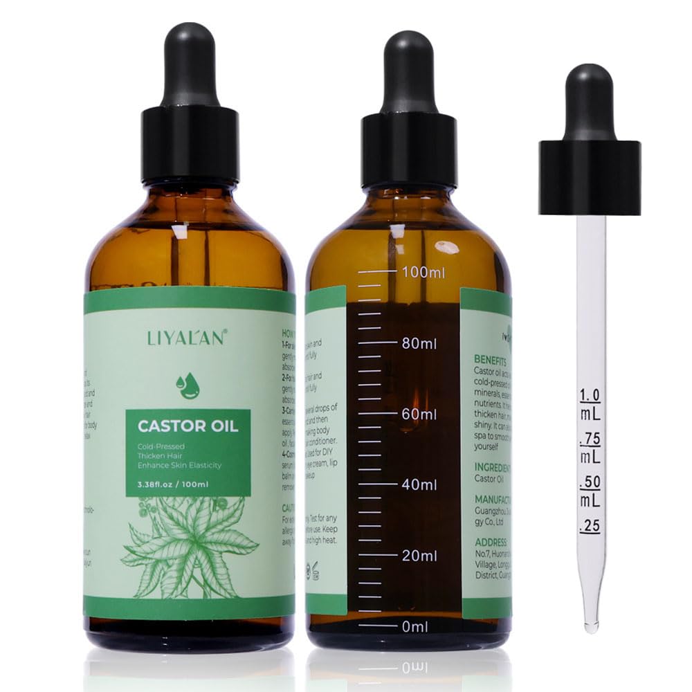 LIYALAN Pure Castor Oil Cold Pressed Unrefined Hair Oil For Thicken Nourish Hair and Scalp,Glass Bottle,For Face Body Massage,Carrier,Skin Care,3.38 fl oz