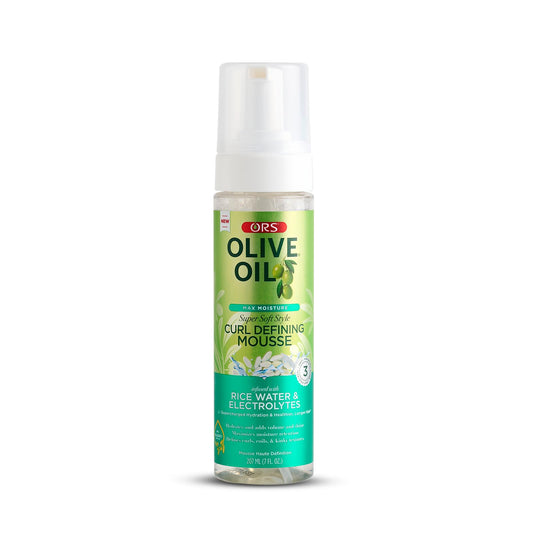 Olive Oil Max Moisture Super Soft Style Curl Defining Mousse infused with Rice Water & Electrolytes for Supercharged Hydration & Growth (7.0 oz)