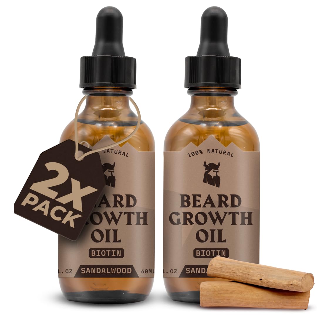 Striking Viking Beard Growth Oil with Biotin - 2 Fl Oz, 2 Pack, Sandalwood - Thickening & Conditioning Biotin Beard Growth Serum for Men with Argan & Jojoba Oil - Facial Hair Serum for Men
