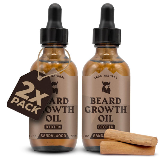 Striking Viking Beard Growth Oil with Biotin - 2 Fl Oz, 2 Pack, Sandalwood - Thickening & Conditioning Biotin Beard Growth Serum for Men with Argan & Jojoba Oil - Facial Hair Serum for Men