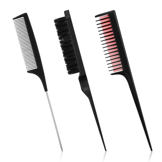 Patelai 3 Pieces Hair Styling Set - Fluffy Brush, Rat Tail Comb, and Triple Teasing Comb for Back Combing (Black)