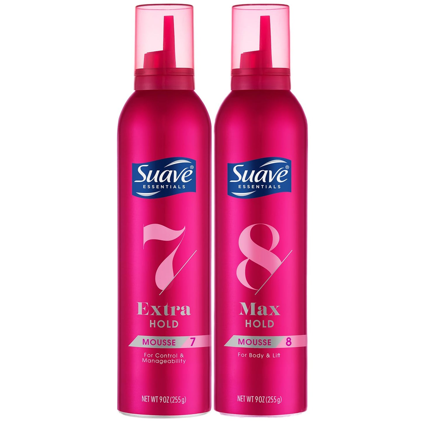 SUAVE+ Hair Mousse for Curly, Wavy & Fine Hair, Variety 2-Pack Extra Hold 7 Shaping + Max Hold 8 Volumizing Mousse, Scented, 9 Oz Ea