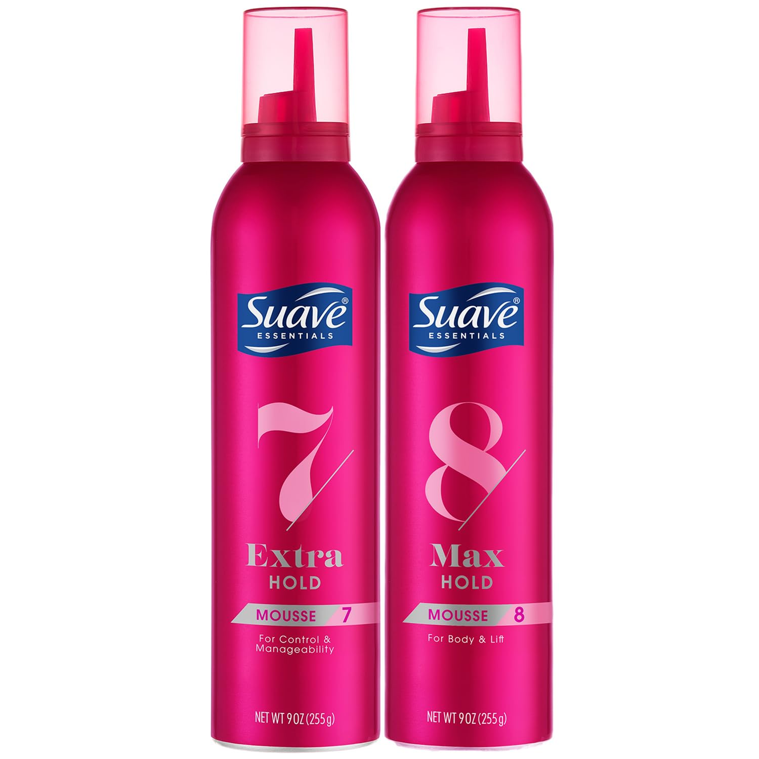 SUAVE+ Hair Mousse for Curly, Wavy & Fine Hair, Variety 2-Pack Extra Hold 7 Shaping + Max Hold 8 Volumizing Mousse, Scented, 9 Oz Ea