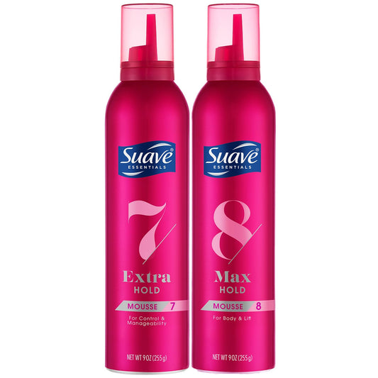 SUAVE+ Hair Mousse for Curly, Wavy & Fine Hair, Variety 2-Pack Extra Hold 7 Shaping + Max Hold 8 Volumizing Mousse, Scented, 9 Oz Ea