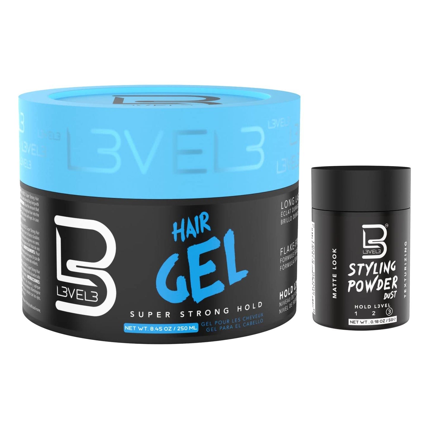 L3 Level 3 Hair Gel with Sample Powder - Super Strong Hold - Flake Free - Long Lasting Shine - For Men and Women