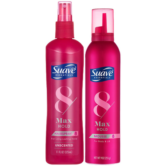 SUAVE+ Hair Styling Bundle Max Hold Unscented Hairspray + Volumizing Mousse, Moisturizing Hair Products Enriched with Vitamins & Proteins (2 Piece Set)
