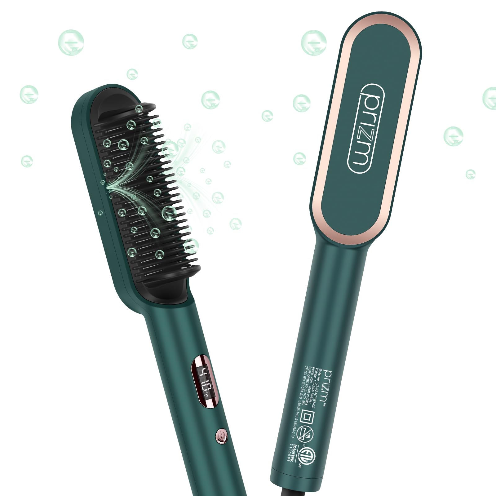 Prizm Hair Straightener Brush, 20s Fast Heating, Negative Ions Hair Straightening Brush with Less Frizz, 4 Temp Settings & LED Display, Anti-Scald Design, Gift for Women, Dual Voltage, Dark Green