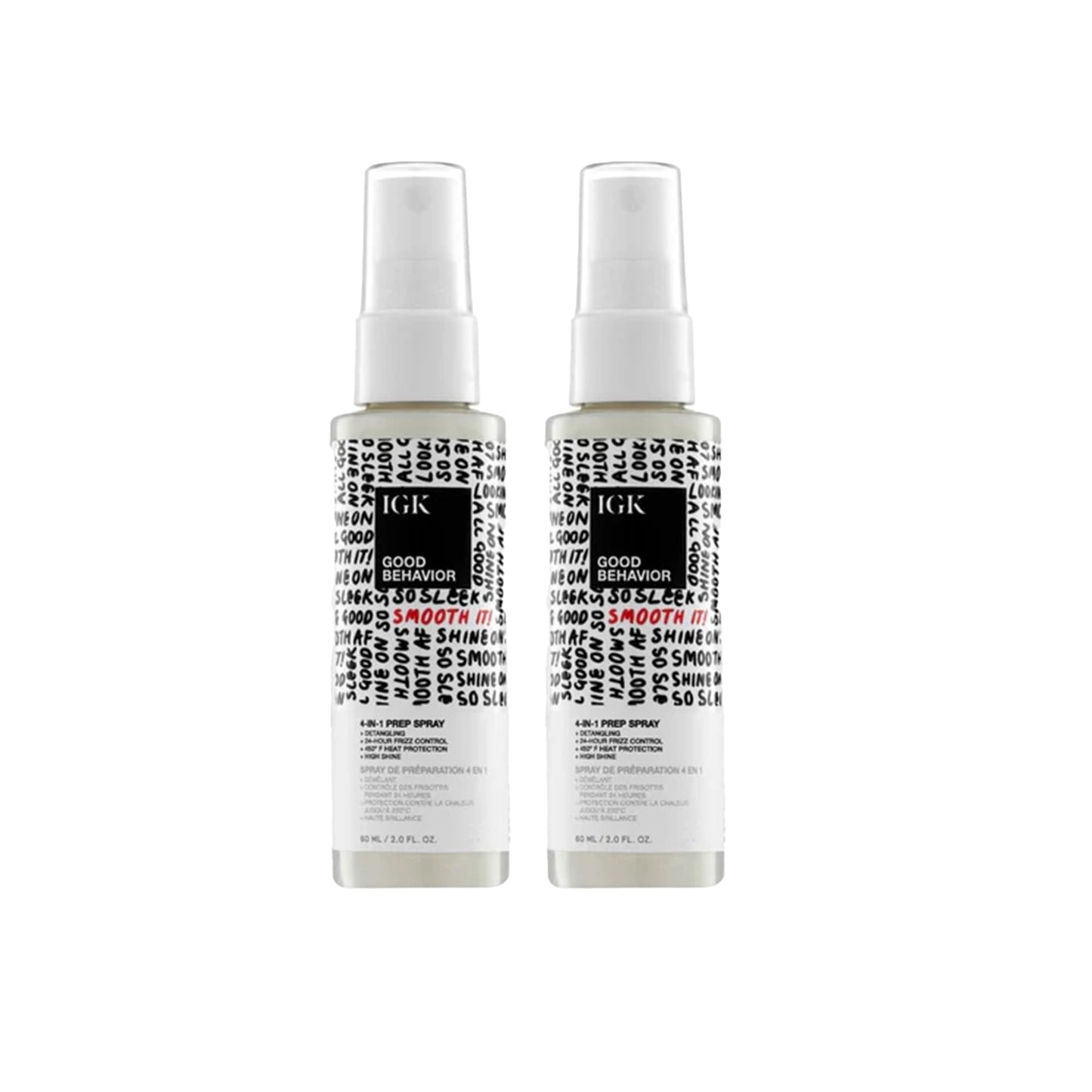 IGK GOOD BEHAVIOR 4-in-1 Prep Spray Travel Size | Gently Detangles, Controls Frizz for 24 Hours, Heat Protection & Shine | Weightless Formula for Smooth Hair | 2.0 Fl Oz (Pack of 2)