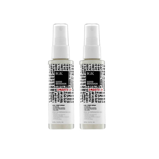 IGK GOOD BEHAVIOR 4-in-1 Prep Spray Travel Size | Gently Detangles, Controls Frizz for 24 Hours, Heat Protection & Shine | Weightless Formula for Smooth Hair | 2.0 Fl Oz (Pack of 2)