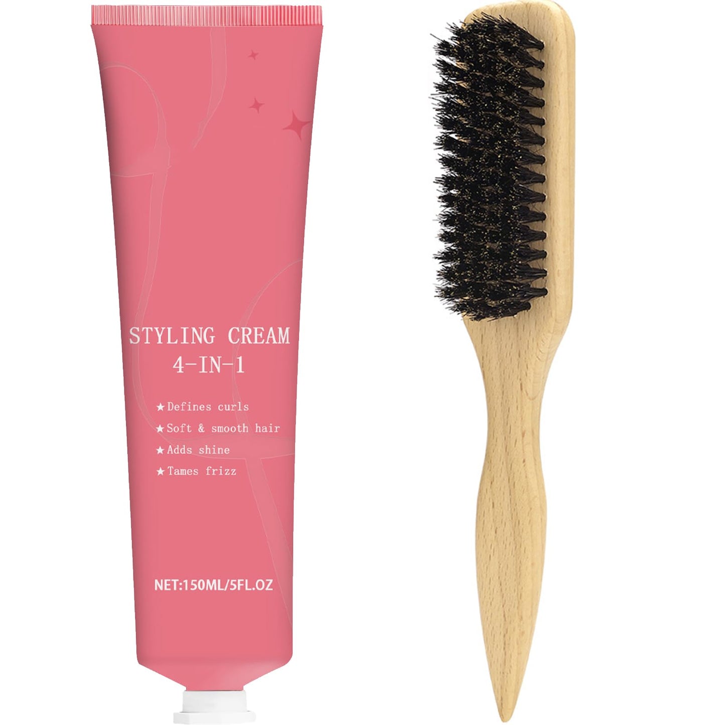 Styling Cream & Slick Back Hair Brush Set for Flyaways, Curl Defining, Smoothing & Sleek Styles Non-Greasy Hair Tamer Cream with Boar Bristle Brush for Women & Kids, Add Shine, Baby Hairs