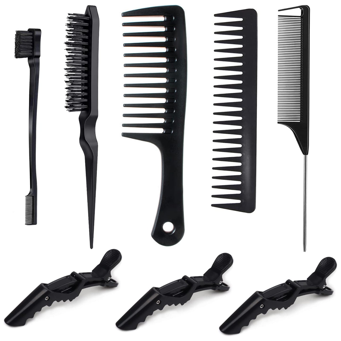 Edge Brush Teasing Brush Hair Comb Set with Wide Tooth Comb Rat Tail Comb and Hair Clips for Women Kids Baby Girls Smoothing Combing & Styling Hair (Black S)