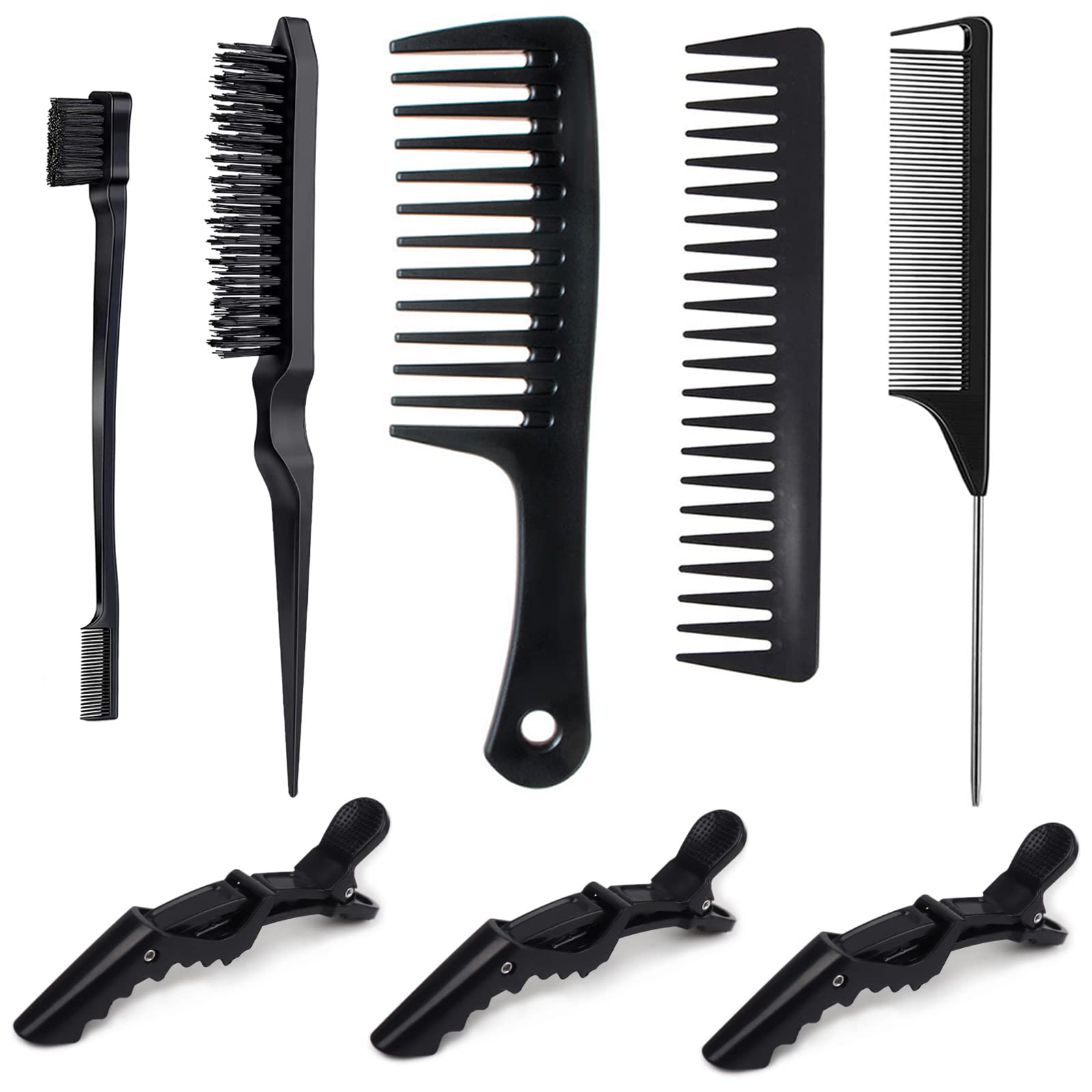 Edge Brush Teasing Brush Hair Comb Set with Wide Tooth Comb Rat Tail Comb and Hair Clips for Women Kids Baby Girls Smoothing Combing & Styling Hair (Black S)
