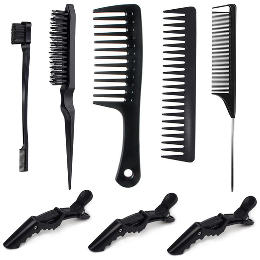 Edge Brush Teasing Brush Hair Comb Set with Wide Tooth Comb Rat Tail Comb and Hair Clips for Women Kids Baby Girls Smoothing Combing & Styling Hair (Black S)