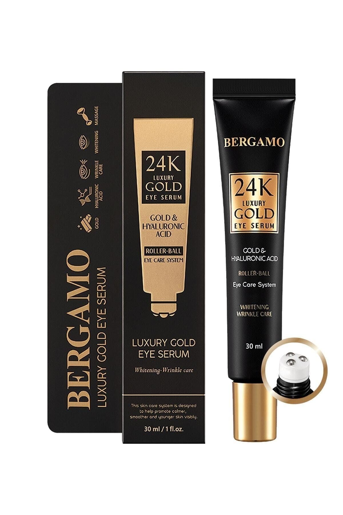 bergamo Luxury 24K Gold & Octo Hyaluronic Acid Eye Cream 1.01fl oz/30mL with Ball Roller Applicator | Made in Korea K Beauty Korean Skin Care Eye Wrinkle Care Skin Brightening Cooling&Massasge Roller